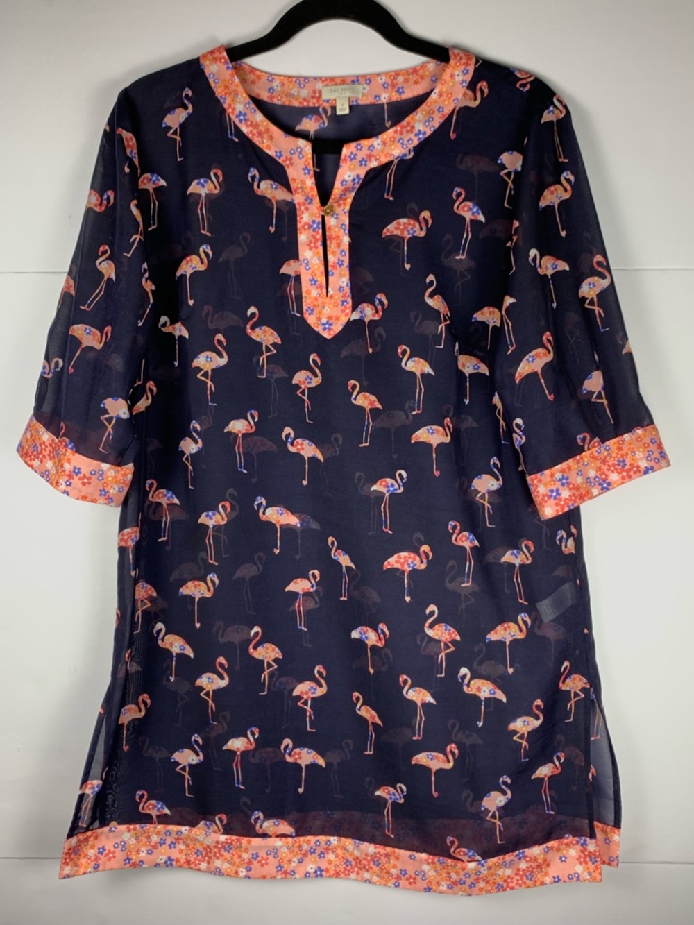 Talbots Flamingo Print Sheer Tunic Cover Up Navy Pink Size S Beach Swim Top - Picture 2 of 14